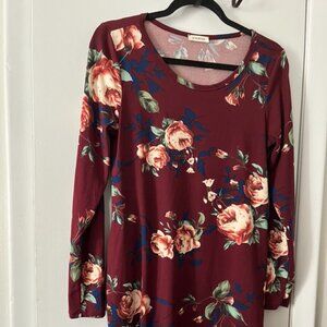 VIAMOR BURGUNDY LONG SLEEVE DRESS POCKETS SZ S